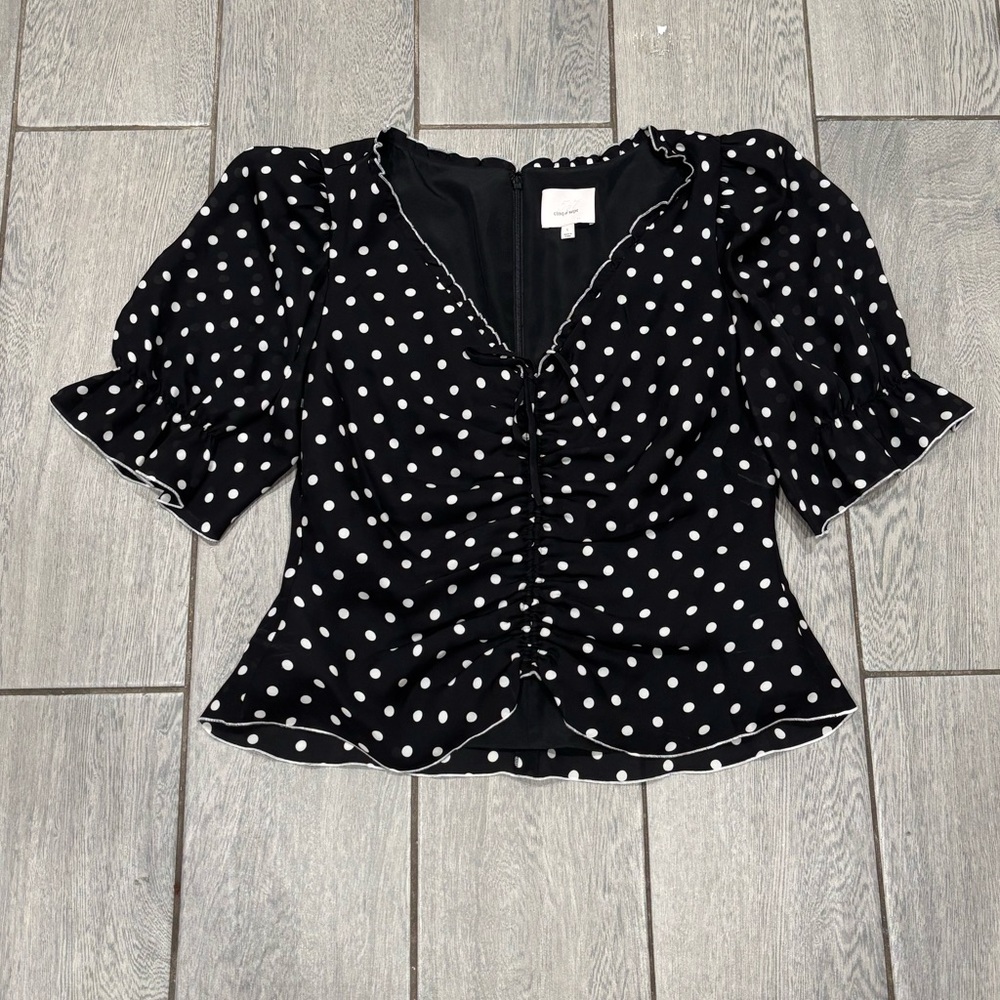Cinq A Sept Kimberly Dot-Print Ruched Short-Sleeve Top Size Large 100% Silk - Picture 4 of 10